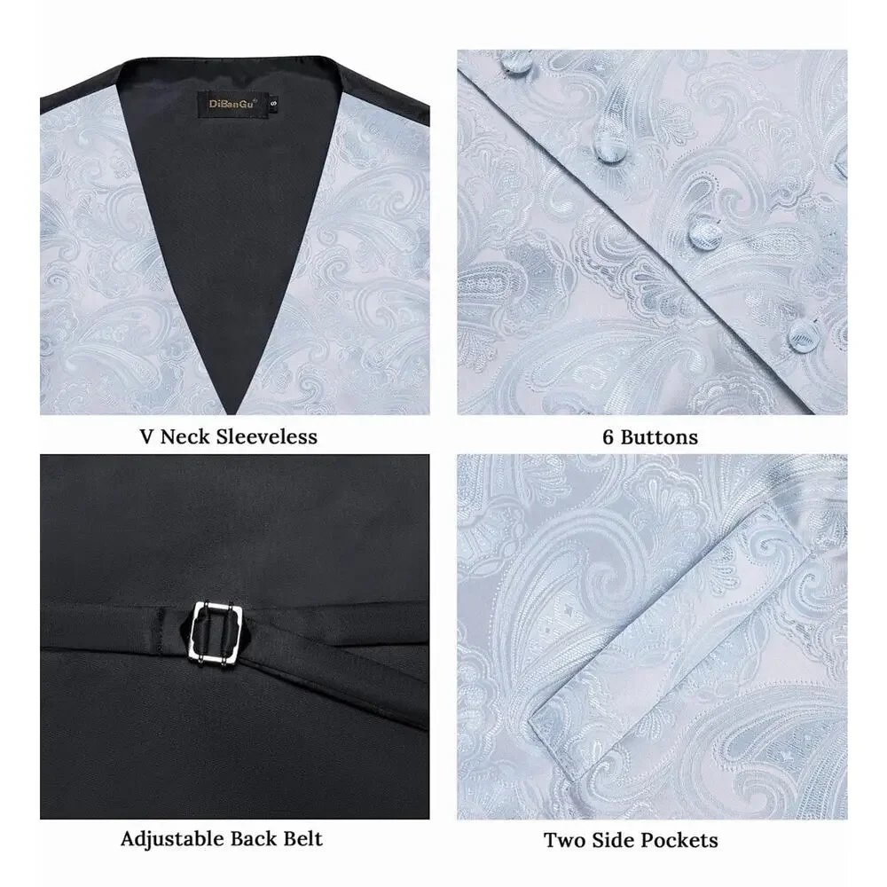 Mens 6 PCS Paisley Silk Vest Tie Set Formal Tuxedo Waistcoat Necktie Blue 3XL